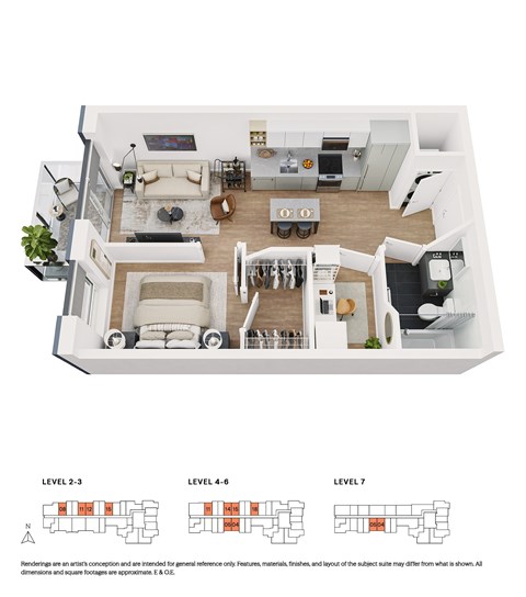 Floor plan for 1 bed, 1 bath, 457 sqft